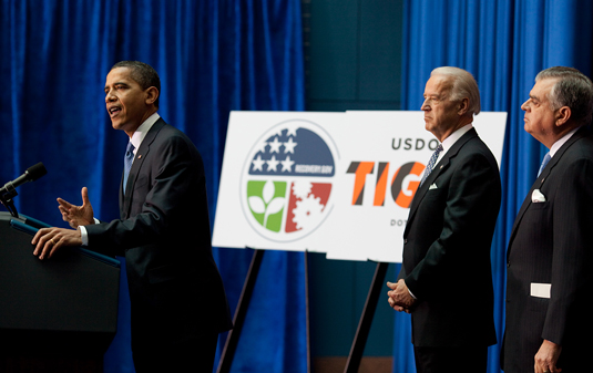 President Obama speaking at the Department of Transportation