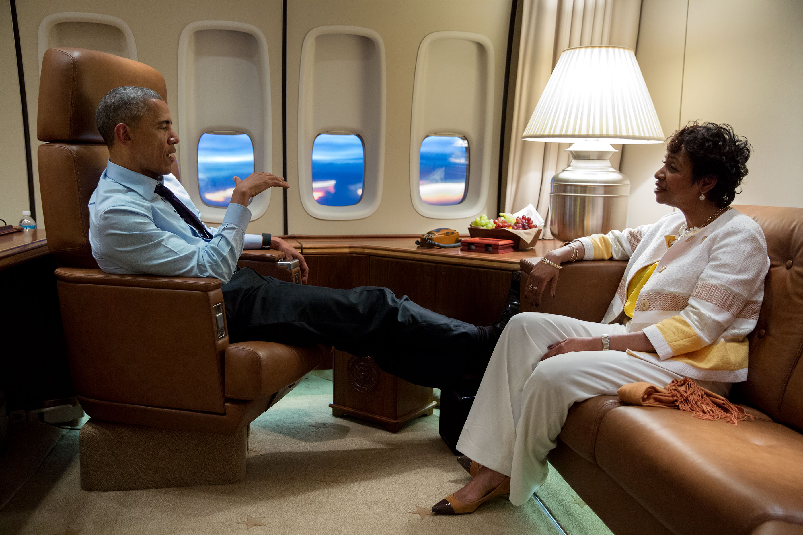 President Barack Obama meets with Rep. Yvette Clarke, D-N.Y., aboard Air Force One en route to Kingston, Jamaica, April 8, 2015. Rep. Clarke is the child of Jamaican immigrant parents. (Official White House Photo by Pete Souza)