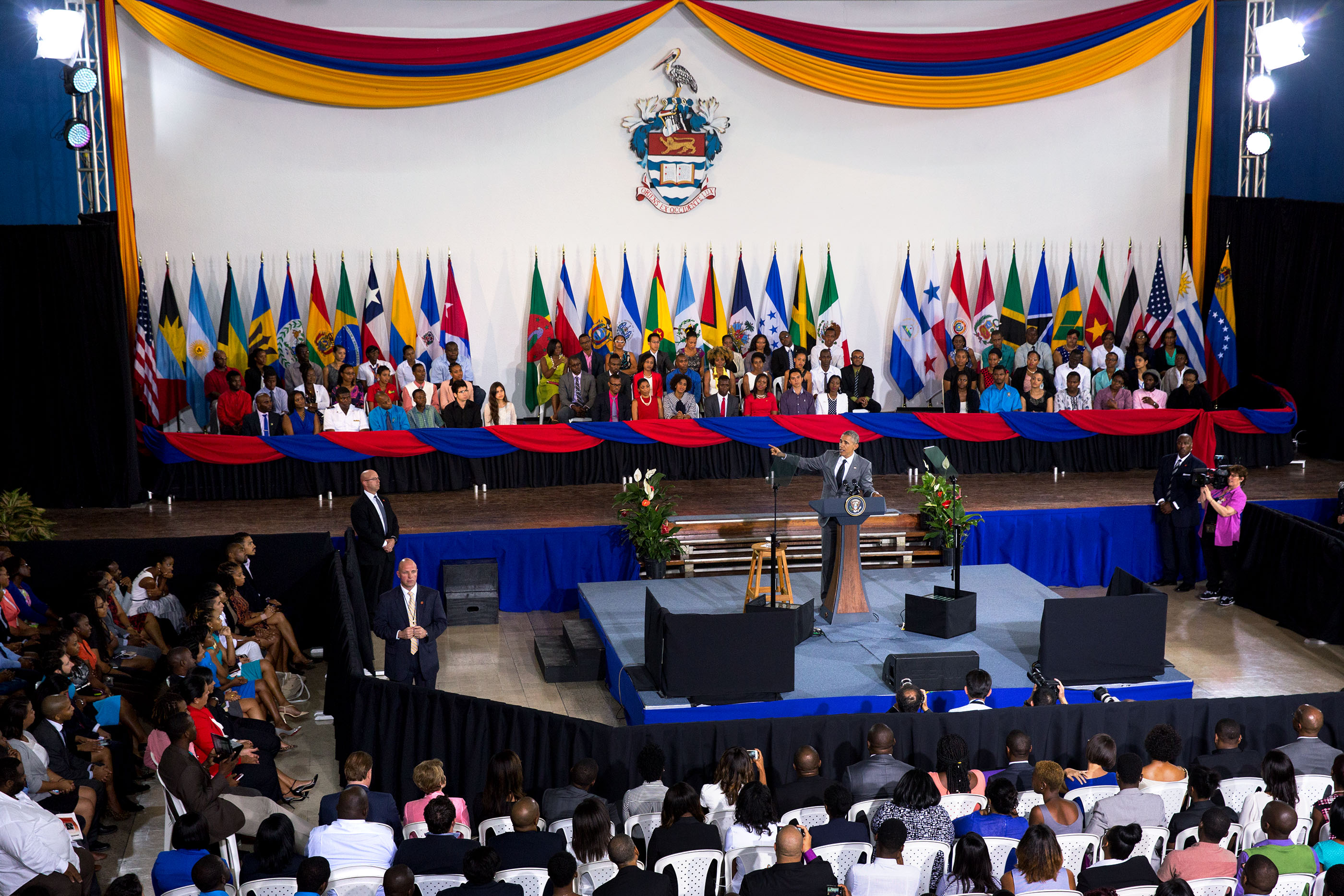 President Obama delivers remarks during a "Young Leaders of the Americas Initiative" town hall at the University of the West Indies. (Official White House Photo by Amanda Lucidon) )