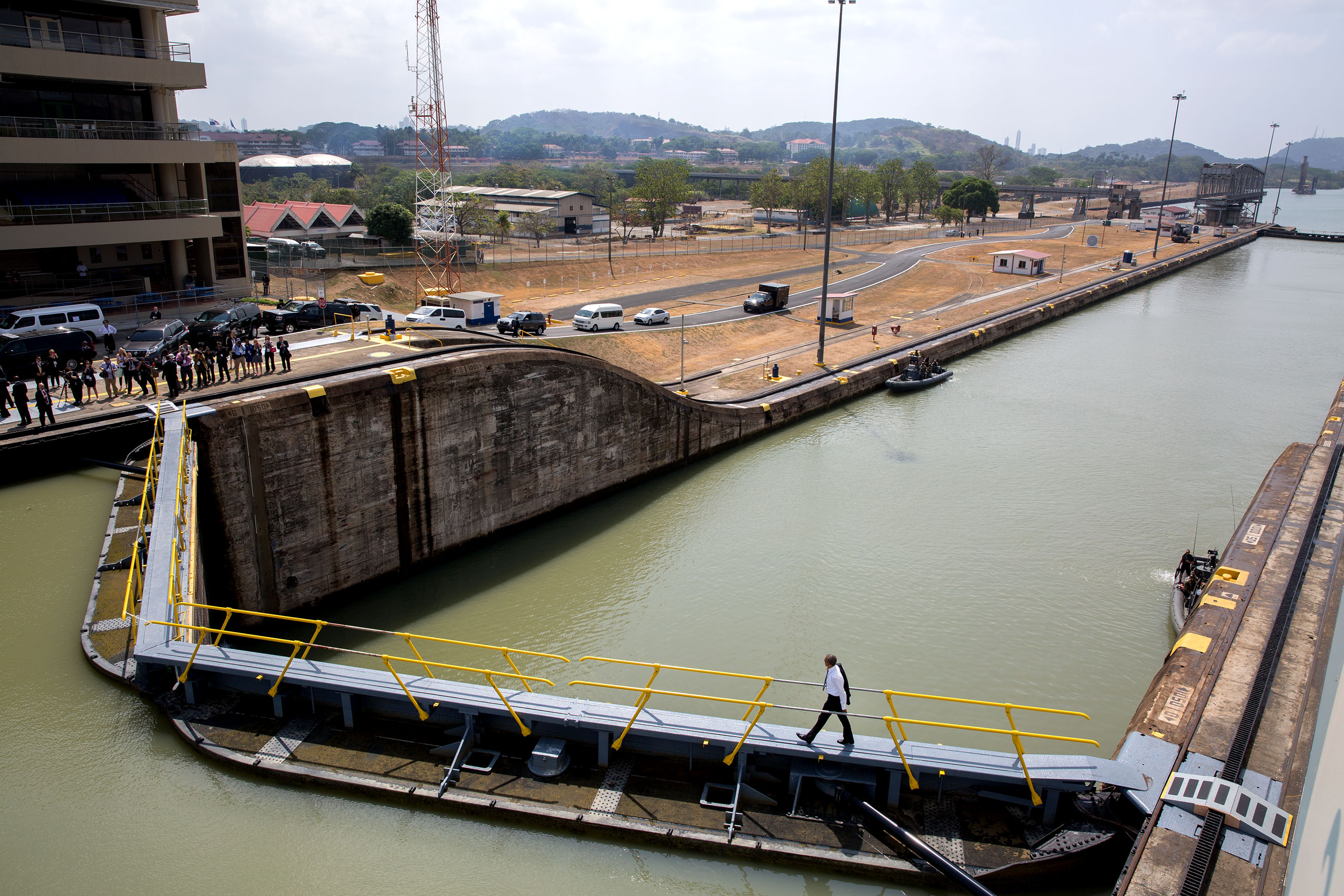 President Obama walks across the Panama Canal Miraflores Locks. (Official White House Photo by Pete Souza)