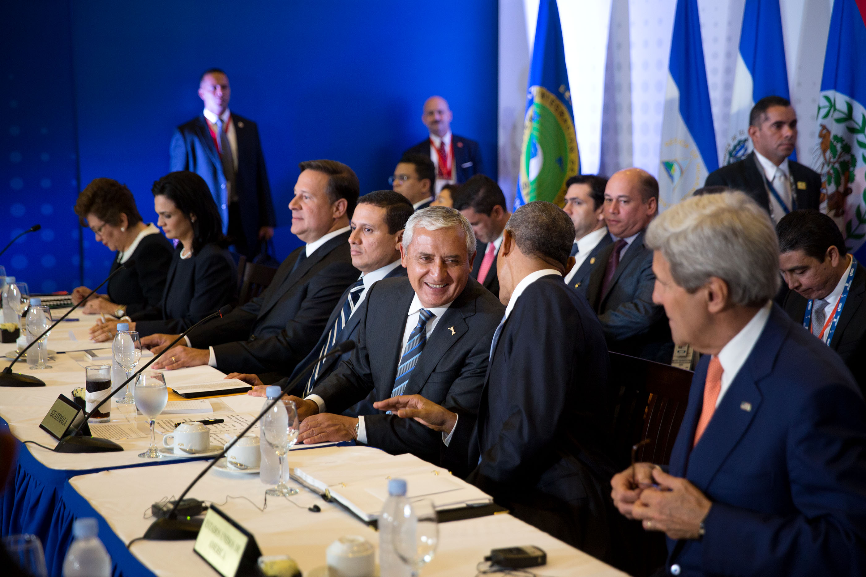 President Obama jokes with President Otto Pérez Molina of Guatemala before a meeting with the Central American Integration System (SICA) Presidents. (Official White House Photo by Pete Souza)