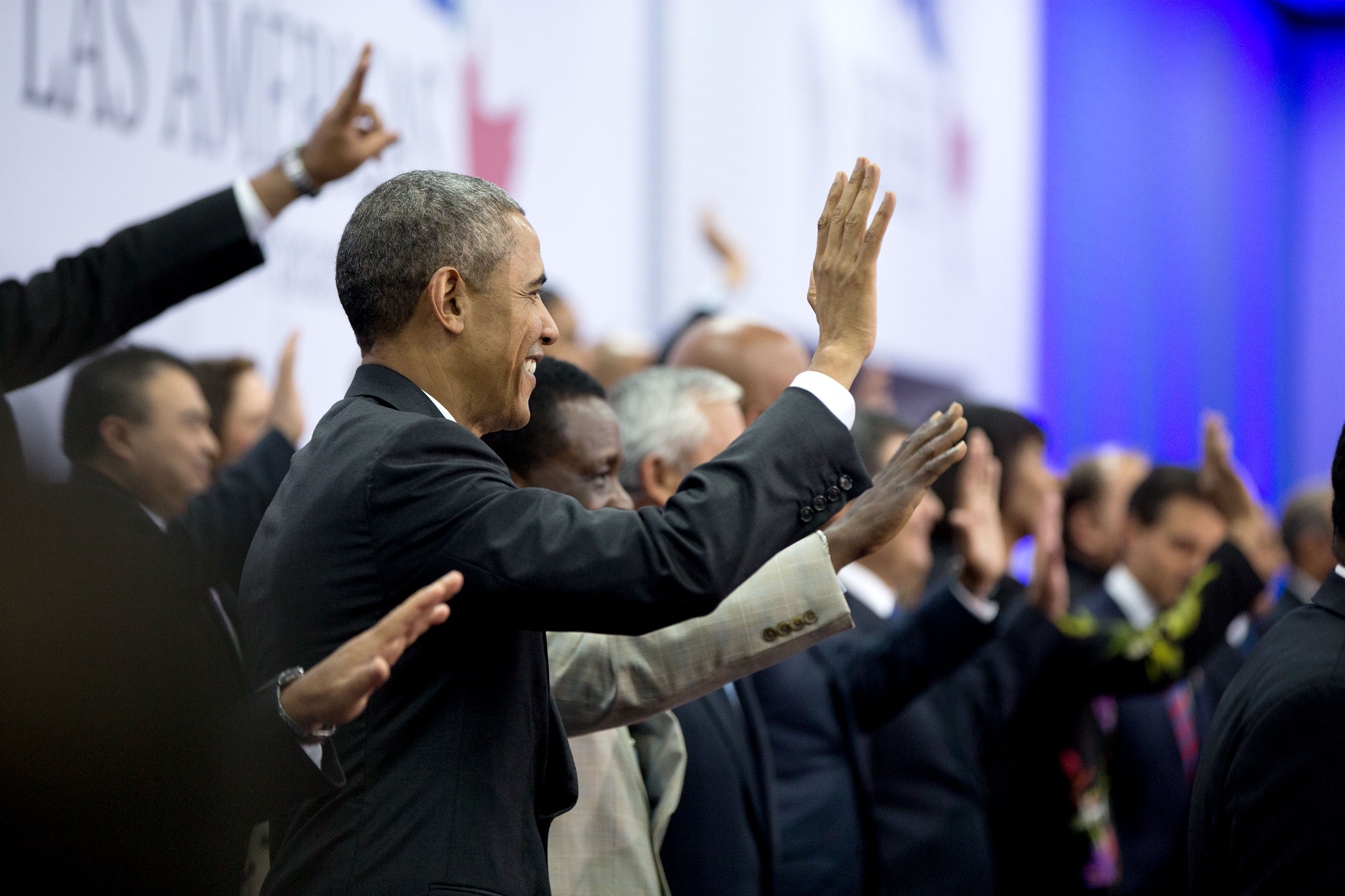 President Obama waves during the group photo. (Official White House Photo by Pete Souza)