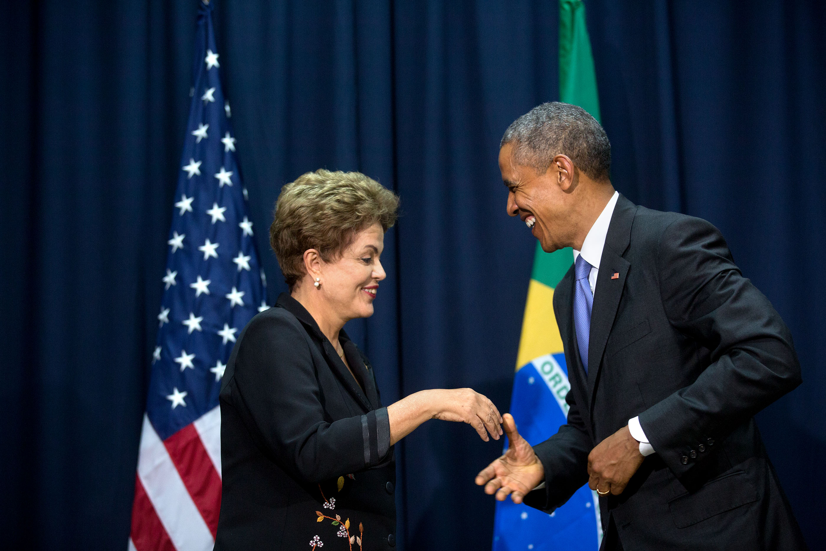 President Obama shakes hands with President Dilma Rousseff of Brazil at the start of their bilateral meeting. (Official White House Photo by Amanda Lucidon)