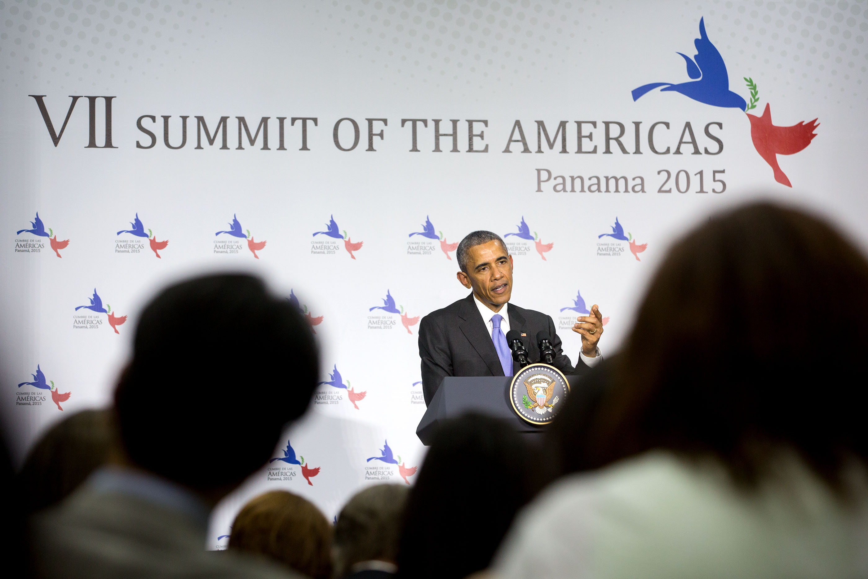 President Obama speaks during a press conference at the conclusion of the Summit of the Americas at the ATLAPA Convention Center. (Official White House Photo by Amanda Lucidon)