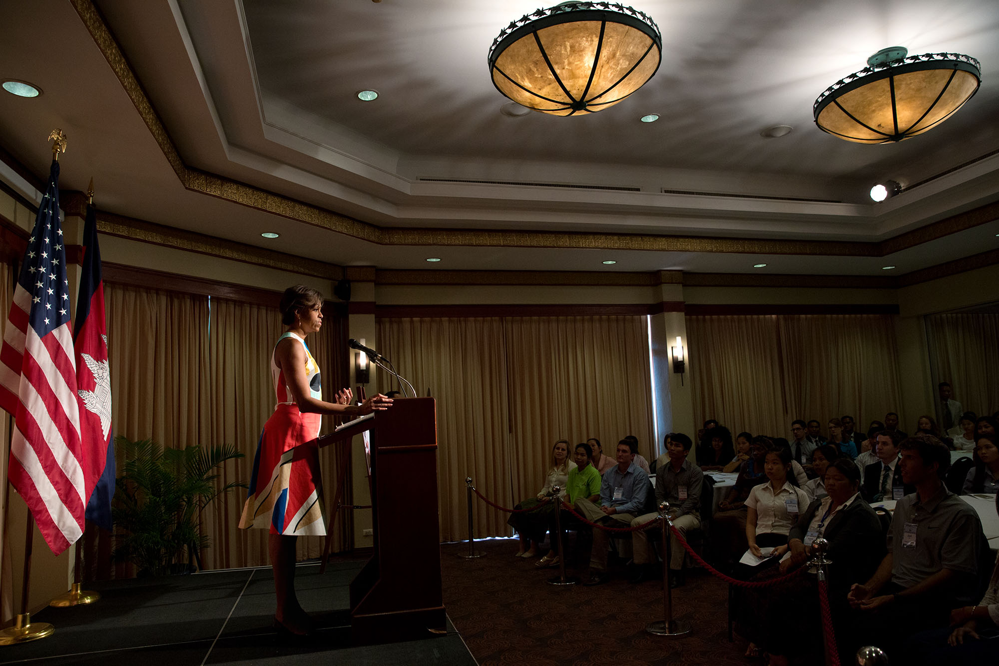 The First Lady delivers remarks regarding the "Let Girls Learn" initiative to Peace Corps volunteers at the Sofitel Angkor Phokeethra. (Official White House Photo by Amanda Lucidon)