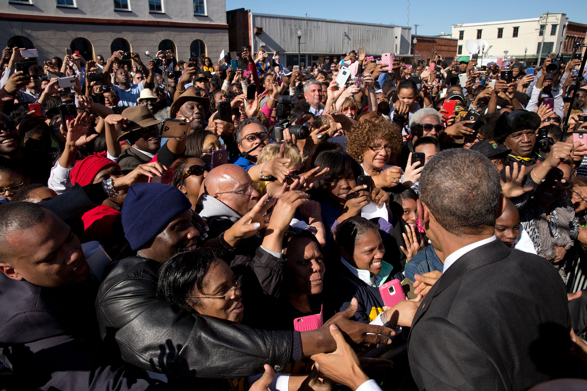 The President greets members of the audience following his remarks. (Official White House Photo by Pete Souza)