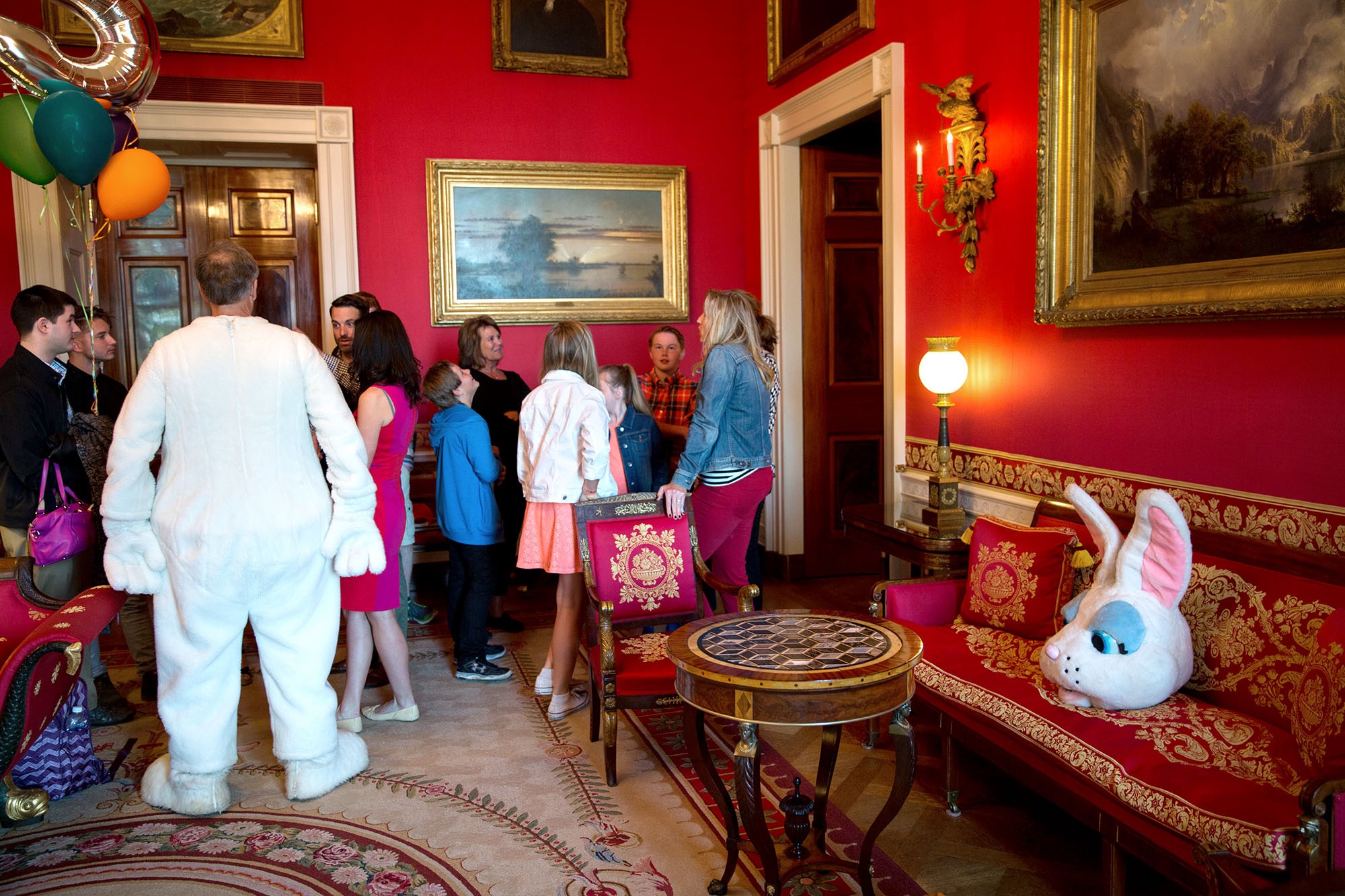 The Easter Bunny joins guests in the Red Room prior to the annual Easter Egg Roll on the South Lawn of the White House, April 6, 2015. (Official White House Photo by Pete Souza)