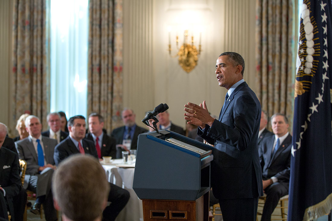 President Barack Obama meets with the National Governors Association in the State Dining Room of the White House, Feb. 24, 2014. 