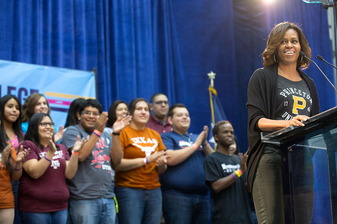 First Lady Michelle Obama delivers remarks in support of higher education during the fourth annual College Signing Day at the University of Texas at San Antonio, in San Antonio, Texas, May 2, 2014.