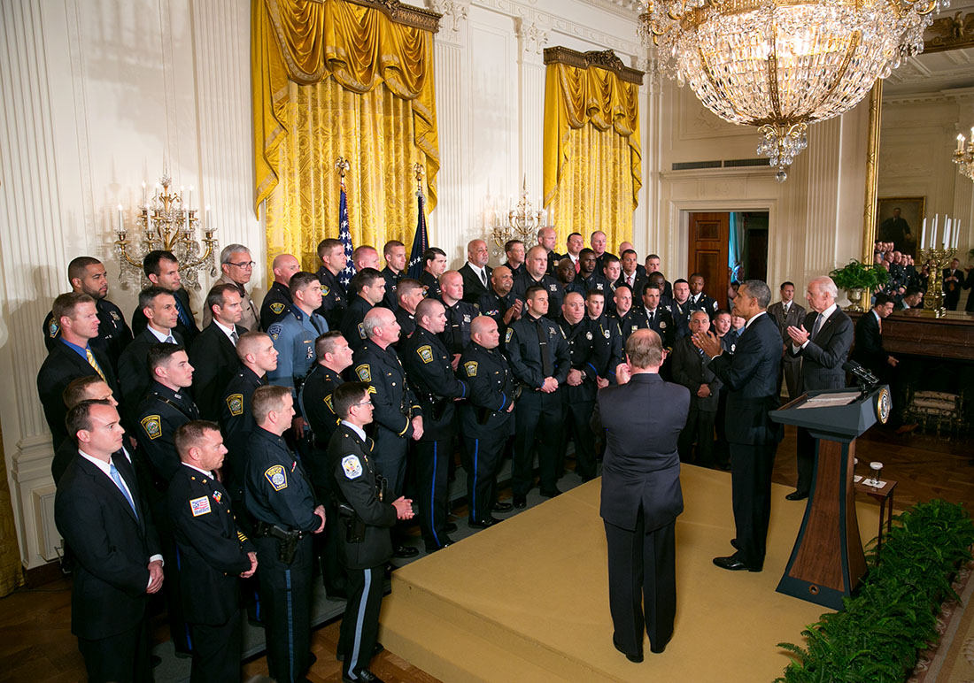 President Barack Obama and Vice President Joe Biden honor the 2014 National Association of Police Organizations TOP COPS award winners in the East Room of the White House, May 12, 2014.