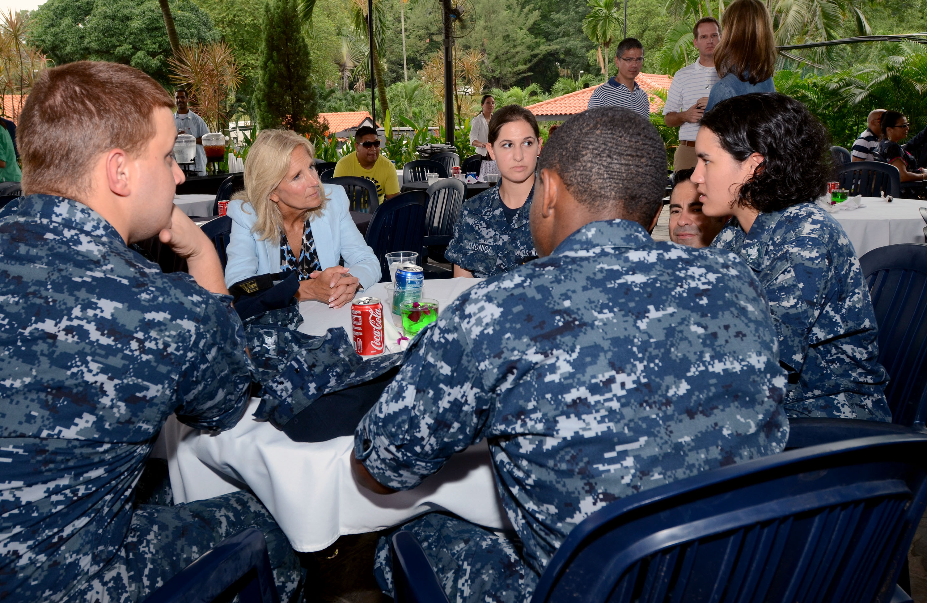 Dr. Jill Biden talks with members of the USS Fitzgerald during their stop in Singapore