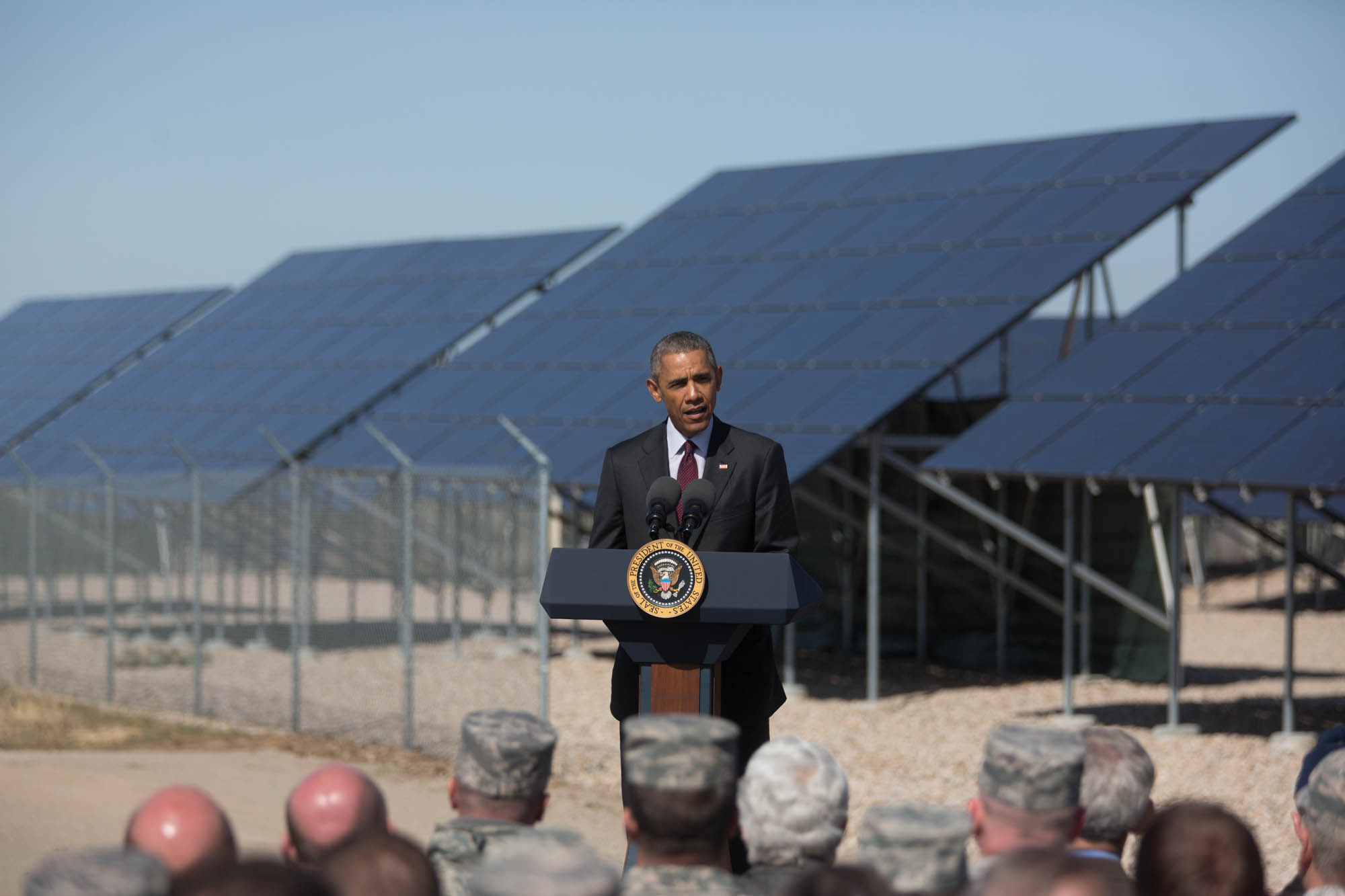 President Obama delivers remarks in front of a solar array at Hill Air Force Base in Layton, Utah