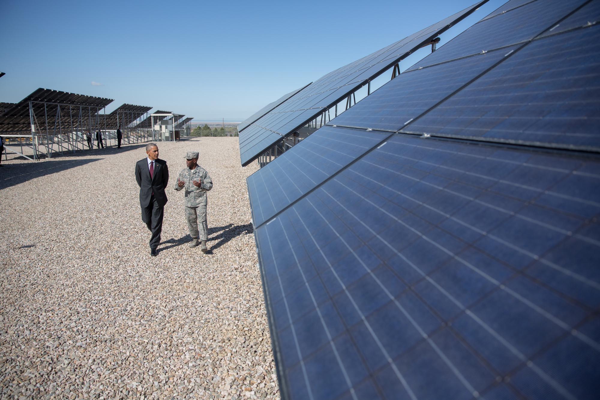 President Obama, with Col. Ronald E. Jolly,  Commander, 75th Air Base Wing, tours the solar array at Hill Air Force Base in Layton, Utah