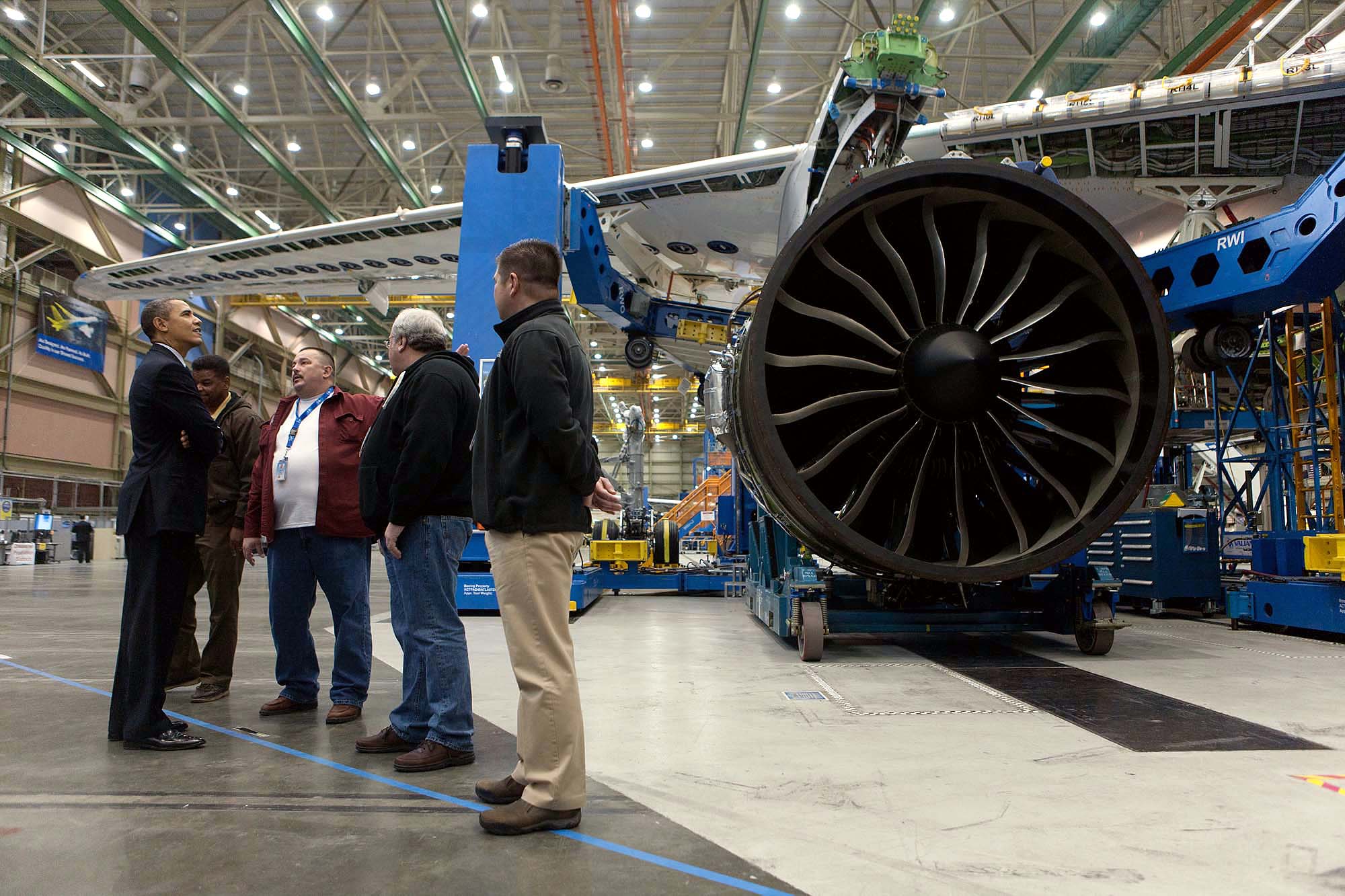 President Barack Obama talks with employees during a tour of the Boeing-Everett Production Facility (February 17, 2012)