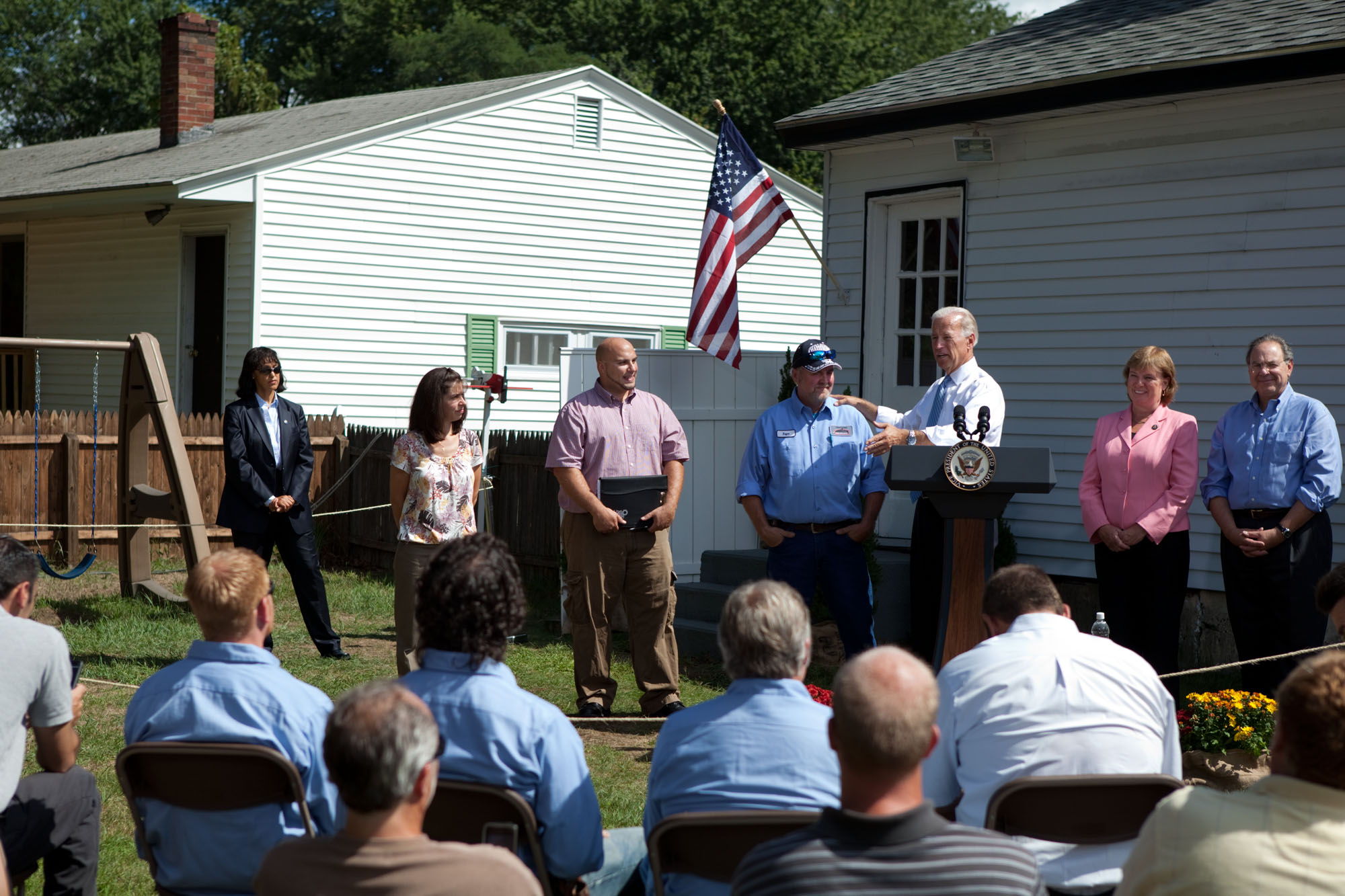 Vice President Joe Biden speaks in Lynn Dumont's back yard 