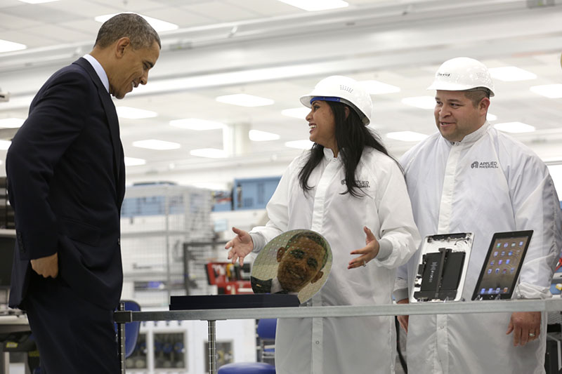 President Barack Obama takes a tour of Applied Materials Inc.