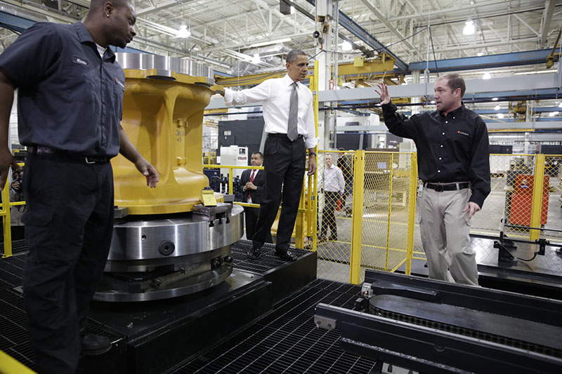 President Barack Obama tours the Linamar Corporation auto-parts plant