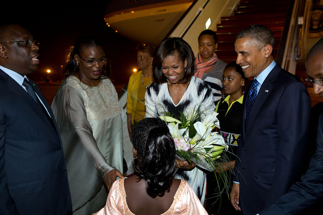 President Barack Obama, First Lady Michelle Obama and members of the First Family are welcomed at Léopold Sédar Senghor International Airport In Yoff, Senegal