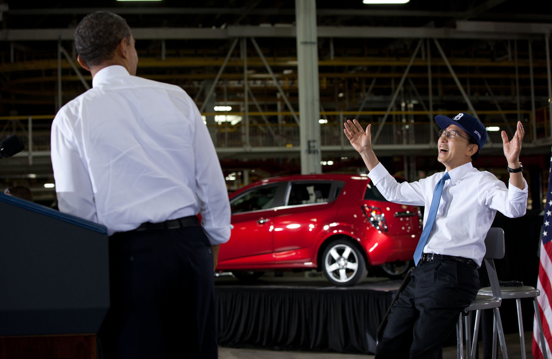 President Barack Obama and President Lee Myung-bak of the Republic of Korea deliver remarks at the Orion Assembly Plant