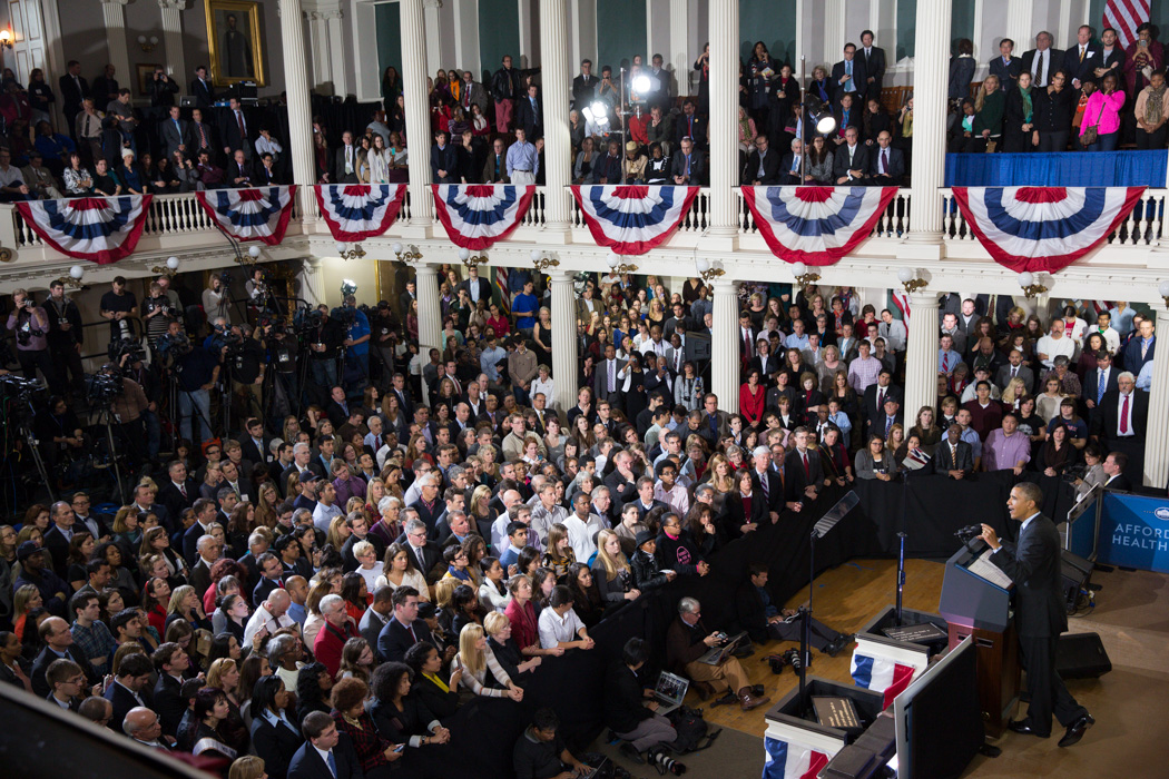 President Barack Obama delivers remarks regarding the Affordable Care Act, at Faneuil Hall