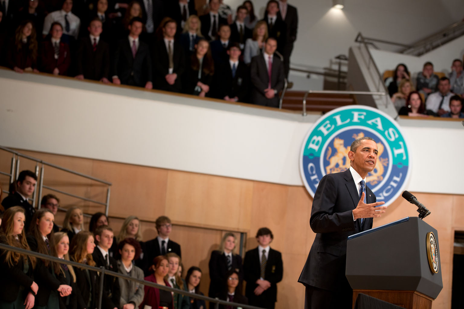 President Barack Obama delivers remarks at the Belfast Waterfront Convention Center