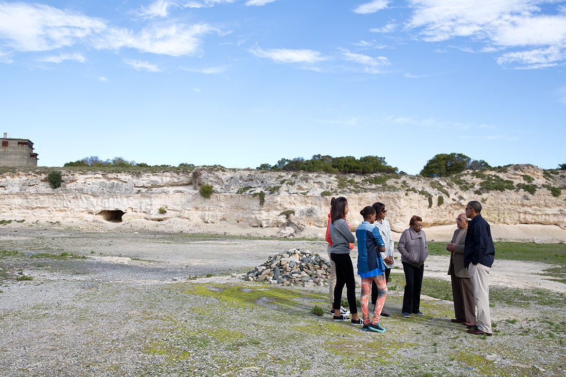 President Barack Obama and First Lady Michelle Obama, along with Leslie Robinson, daughters Malia and Sasha, and Marian Robinson, tour the Lime Quarry