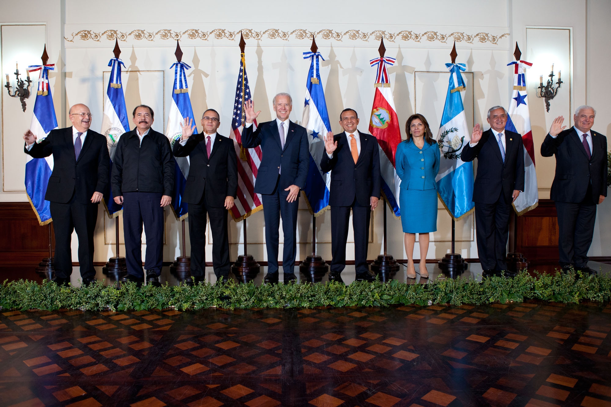 Vice President Joe Biden takes a class photo with Central American Leaders at the Presidential Palace in Tegucigalpa, Honduras