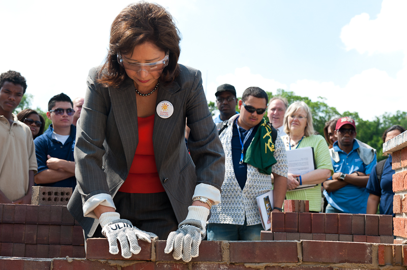 Secretary Solis at a Brick Laying apprenticeship