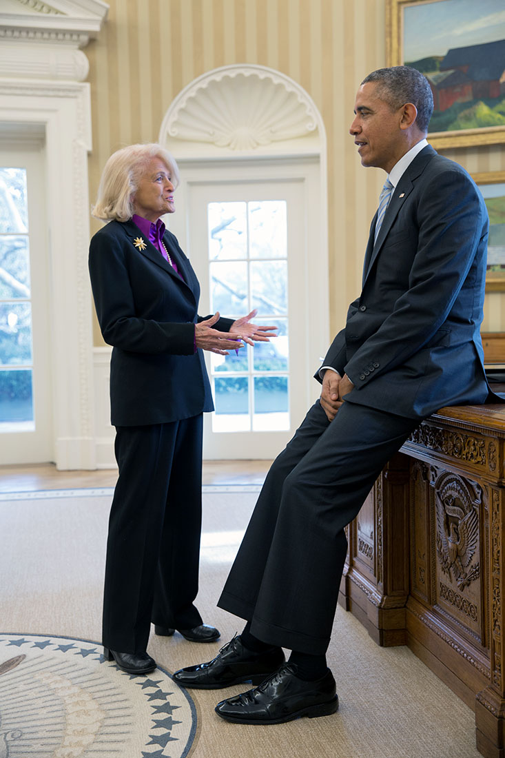 President Barack Obama meets with Edie Windsor during a drop by in the Oval Office