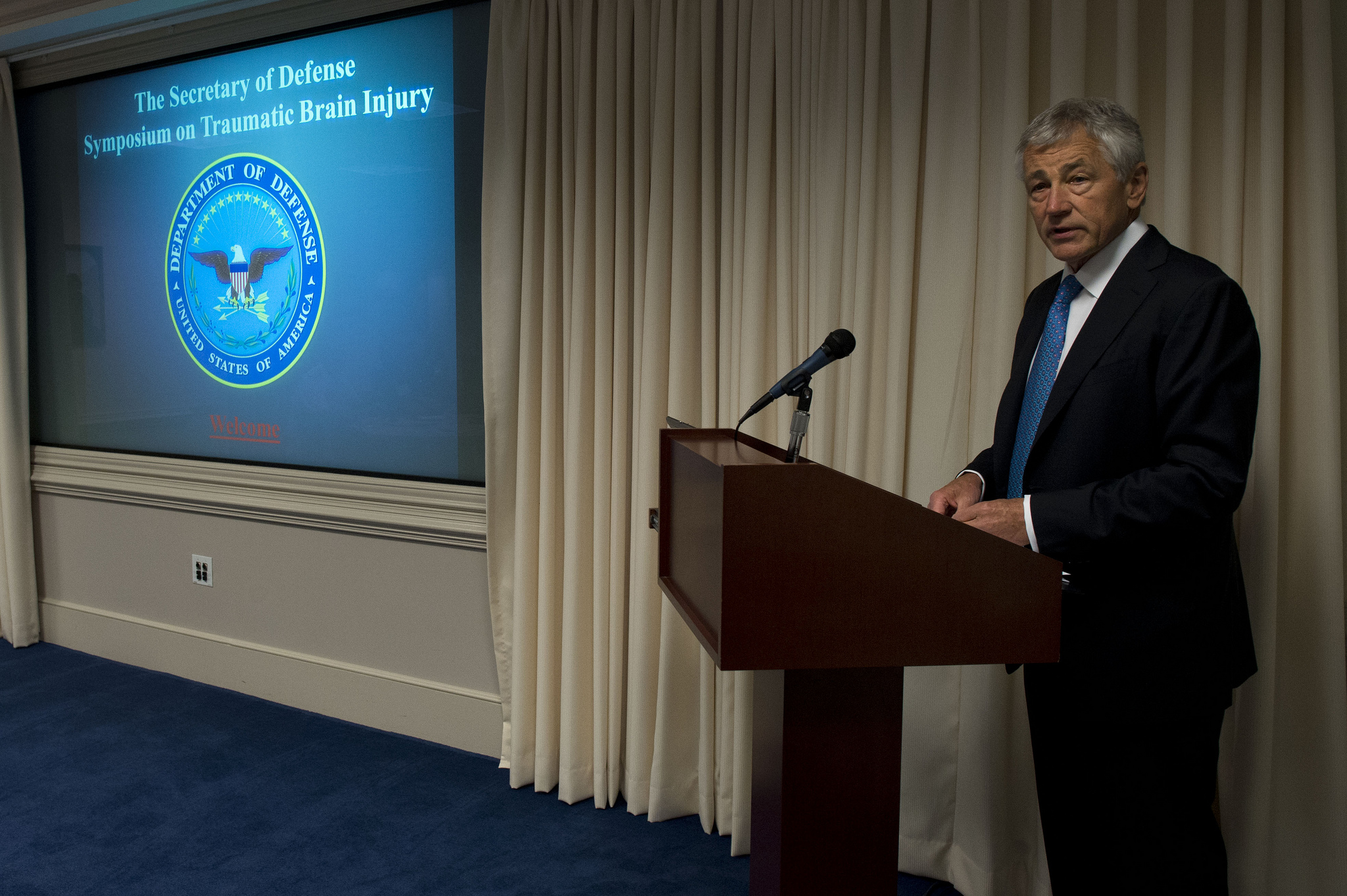 Secretary of Defense Chuck Hagel addresses experts within the brain injury community on Traumatic Brain Injury