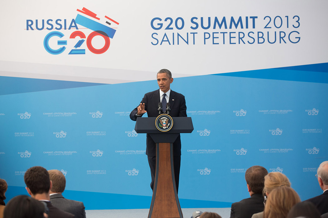 President Barack Obama holds a press conference at Konstantinovsky Palace 