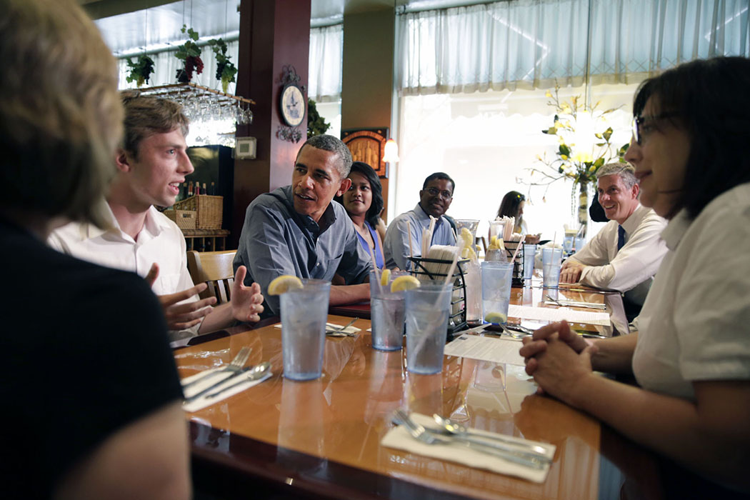 President Barack Obama, with Education Secretary Arne Duncan, meets with college students, recent graduates and educators 