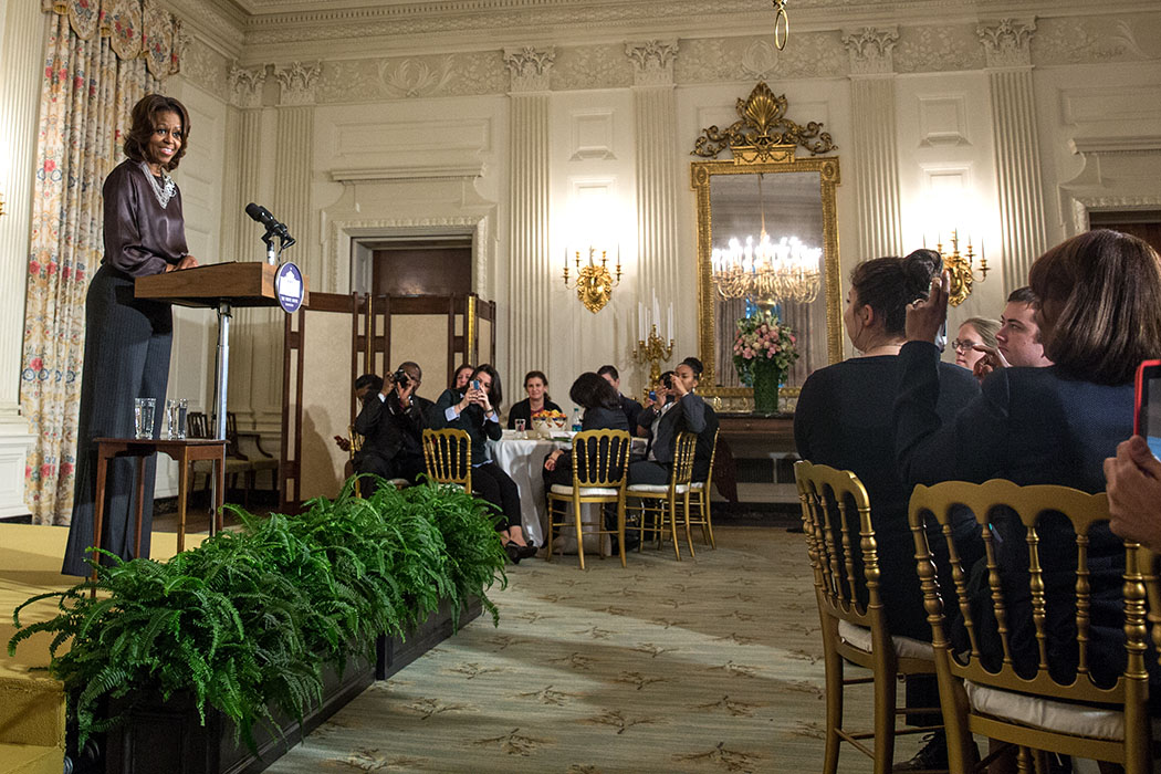 First Lady Michelle Obama delivers remarks prior to a screening of the movie 