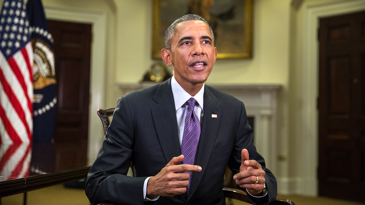 President Barack Obama tapes the Weekly Address in the Roosevelt Room of the White House, Jan. 15, 2015.