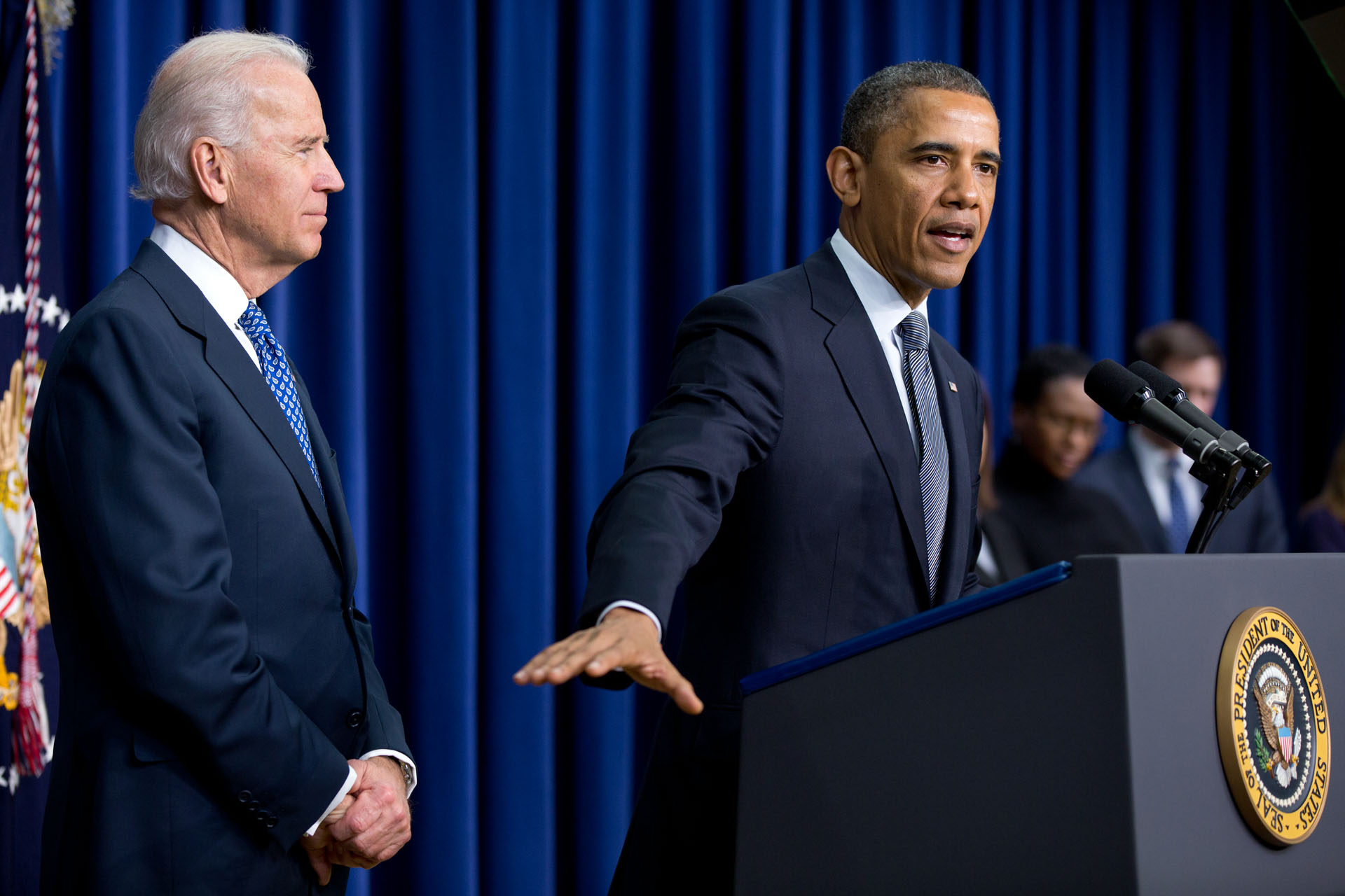 President Barack Obama, with Vice President Joe Biden, delivers remarks unveiling new gun control proposals Jan.16, 2013