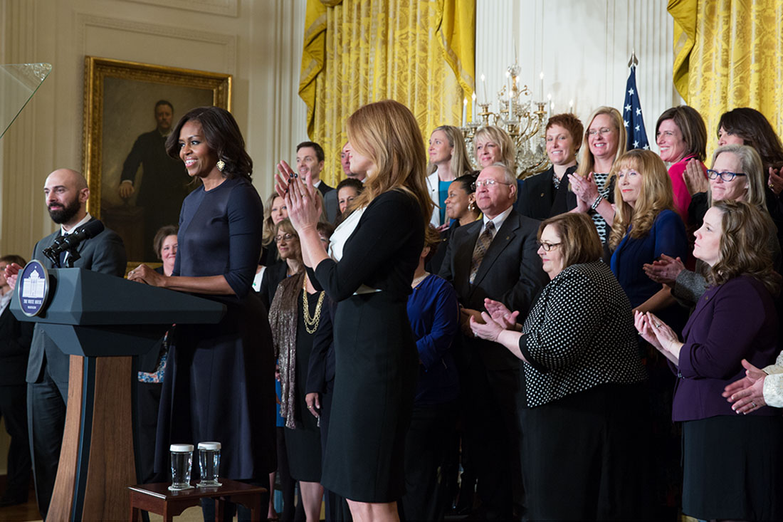 First Lady Michelle Obama delivers remarks during a Counselor of the Year event for Cory Notestine