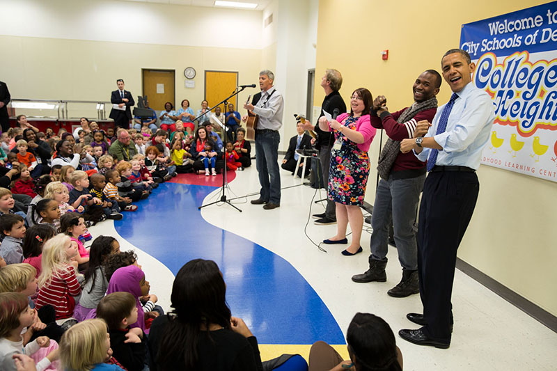 President Obama sings with the students at the College Heights Early Childhood Learning Center, Feb. 14, 2013