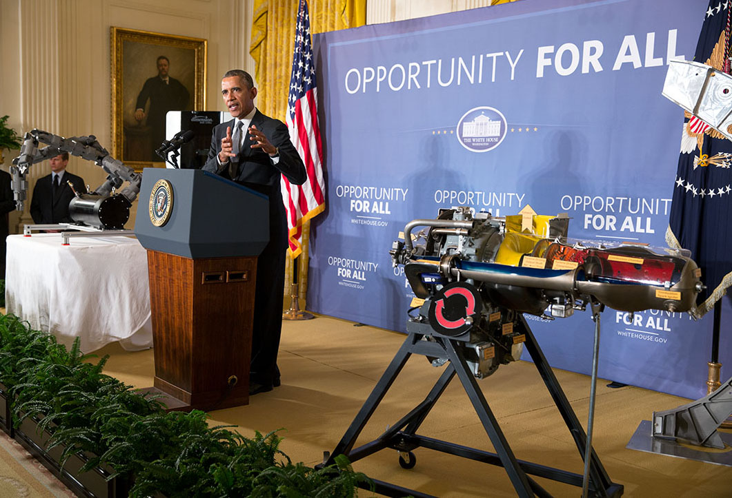 President Barack Obama delivers remarks announcing two new public-private Manufacturing Innovation Institutes, and launches the first of four new Manufacturing Innovation Institute Competitions 2