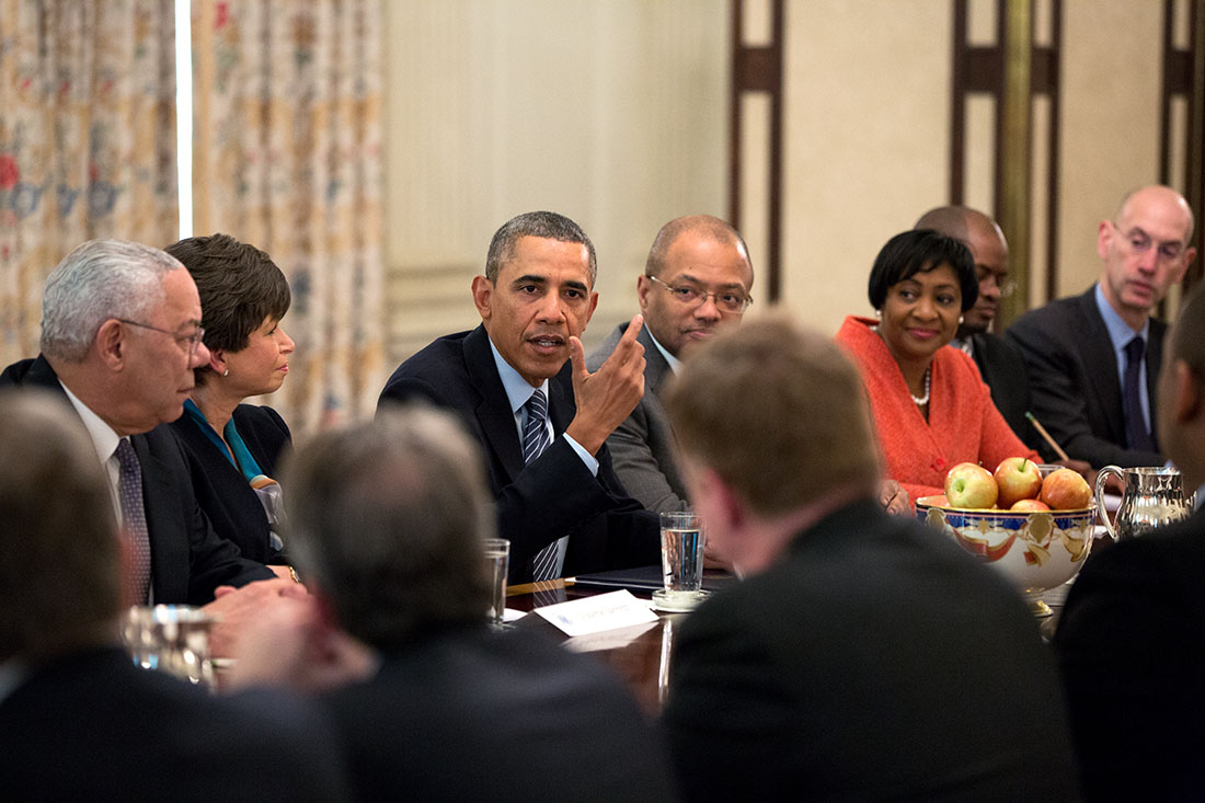 President Barack Obama meets with foundation and business leaders to discuss 
