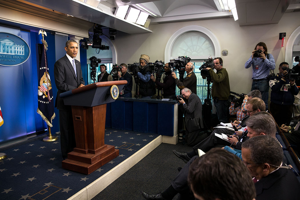 President Barack Obama delivers a statement on Ukraine in the James S. Brady Press Briefing Room