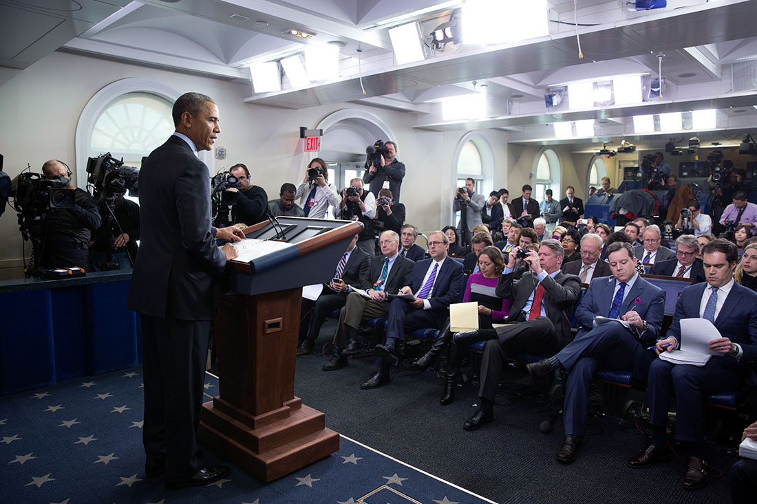 President Barack Obama delivers a statement on Ukraine in the James S. Brady Press Briefing Room of the White House
