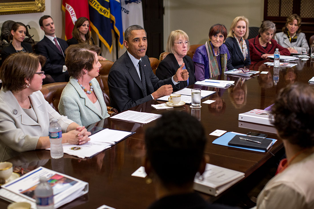 President Barack Obama meets with women Members of Congress in the Roosevelt Room of the White House, March 12, 2014