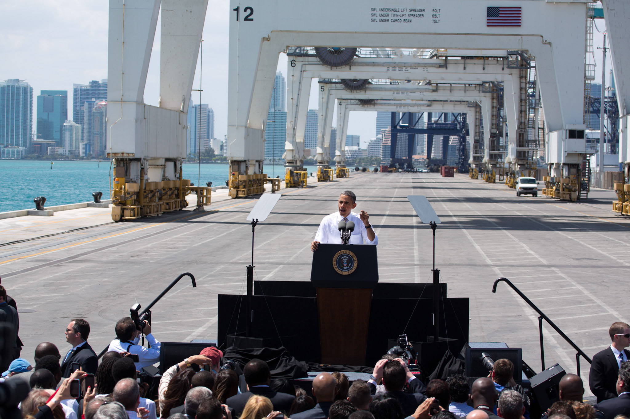 President Barack Obama delivers remarks on infrastructure, at the Port of Miami Tunnel