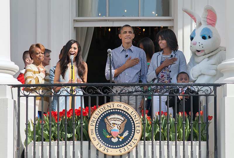 President Obama, First Lady Michelle Obama, Sasha and Malia, and Marian Robinson on the South Portico at the 2013 Easter Egg Roll, April 1, 2013 