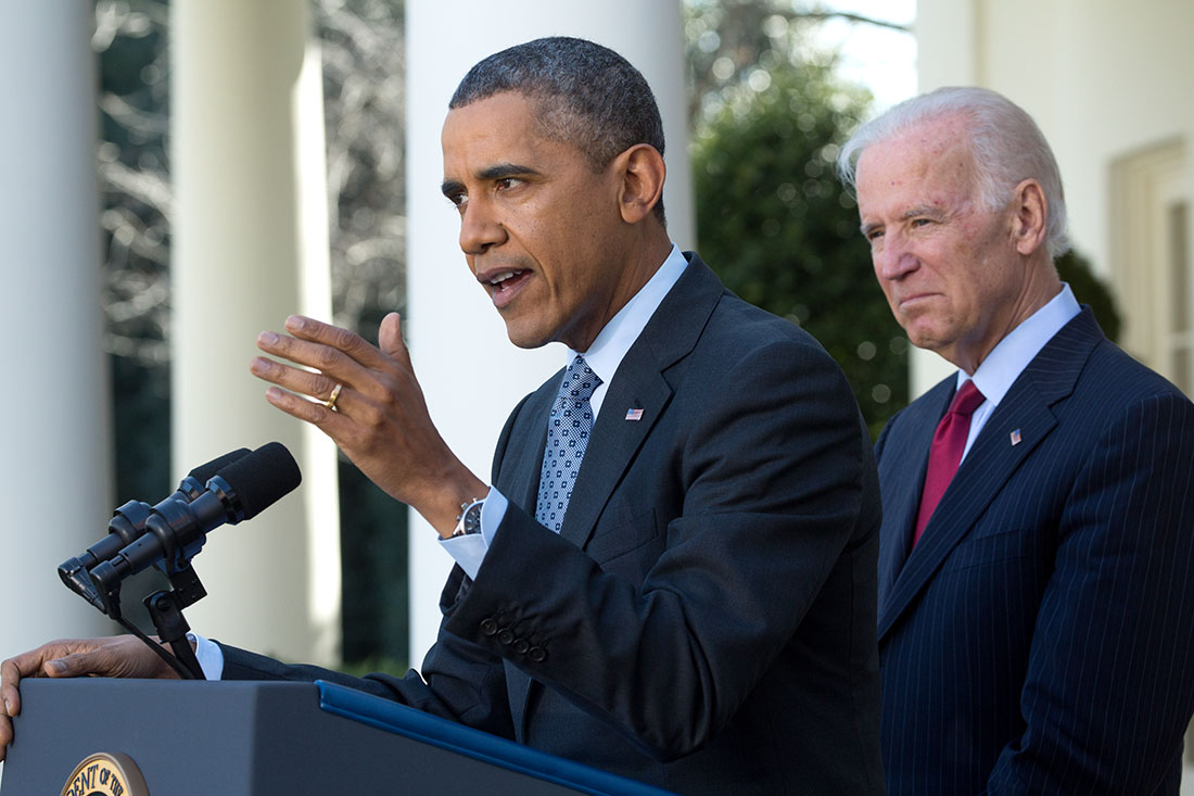 President Barack Obama, joined by Vice President Joe Biden, delivers a statement on the Affordable Care Act (ACA) in the Rose Garden of the White House, April 1, 2014.