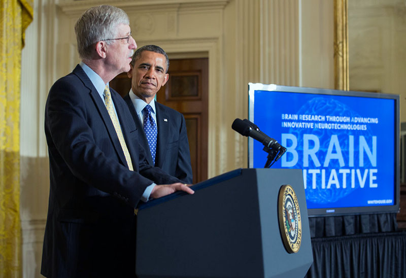 President Barack Obama is introduced by Dr. Francis Collins