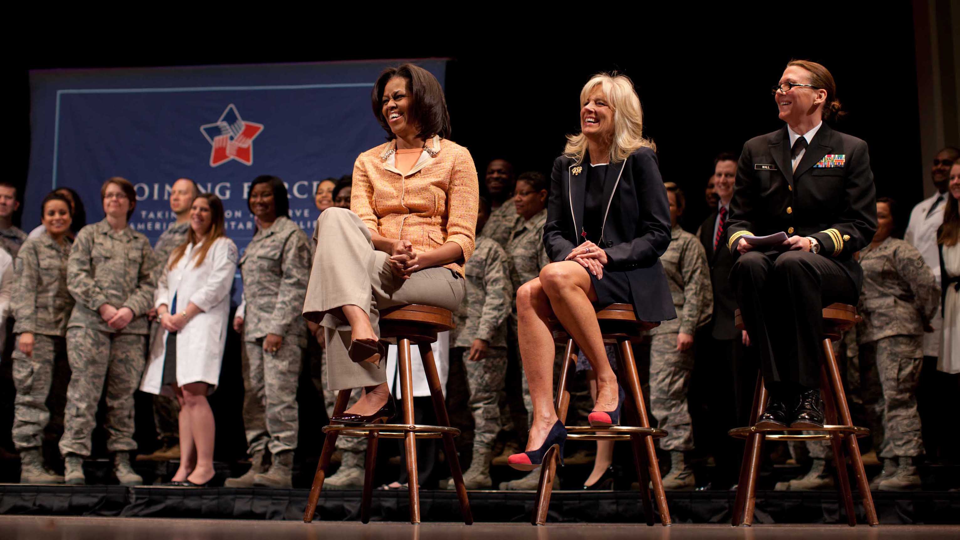 First Lady Michelle Obama and Dr. Jill Biden participate in a Joining Forces nurses event 