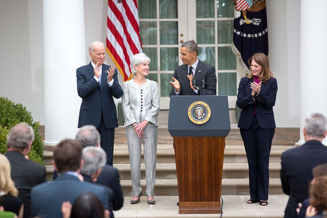 President Barack Obama, with Vice President Joe Biden, announces Sylvia Mathews Burwell as his nominee to succeed Health and Human Services Secretary Kathleen Sebeliu