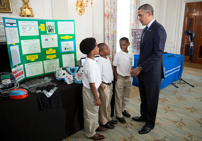 President Obama with Evan Jackson, Alec Jackson, and Caleb Robinson at the White House Science Fair, April 22, 2013