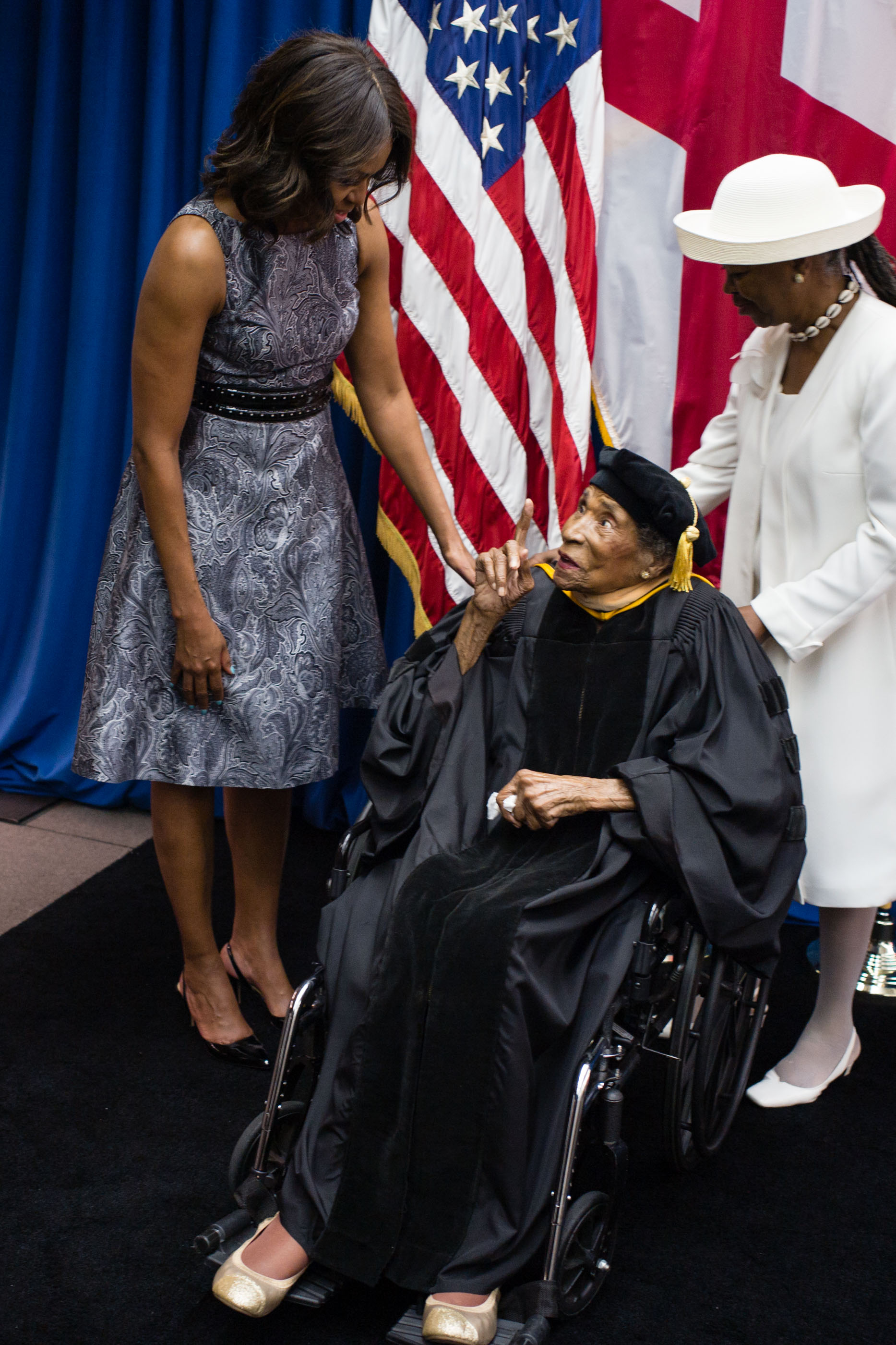 First Lady Michelle Obama greets Tuskegee alum and Selma civil rights leader, Dr. Amelia Boynton Robinson, age 103 and Latifya Mohammed